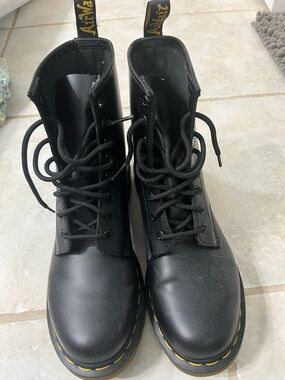 Dr. Martens 1460 Black Leather Lace-Up Combat Boots with Yellow Stitching